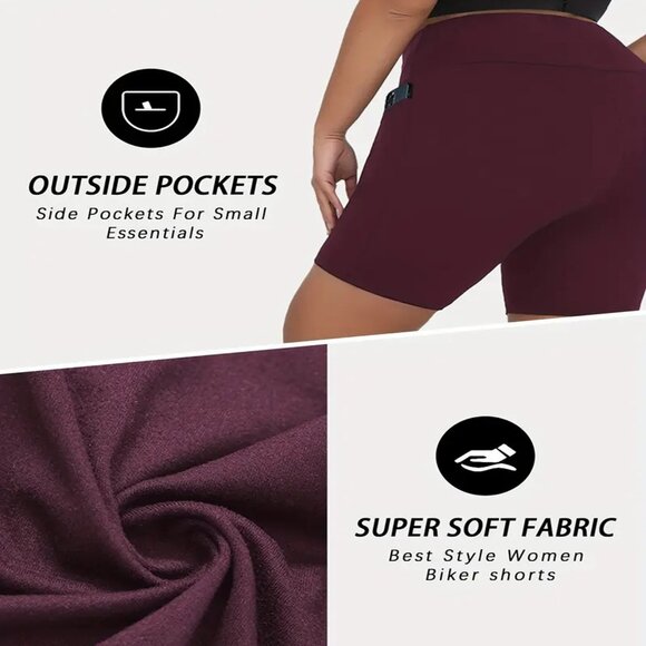 Women Buttery 1X-3X High Waisted Yoga Bike shorts w/pockets 6" Inseam Burgundy - Picture 2 of 6